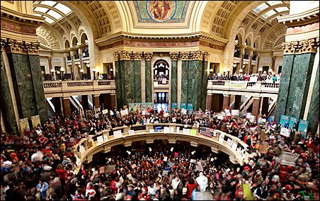 MASSIVE UNION PROTESTS IN THE WISCONSIN CAPITOL